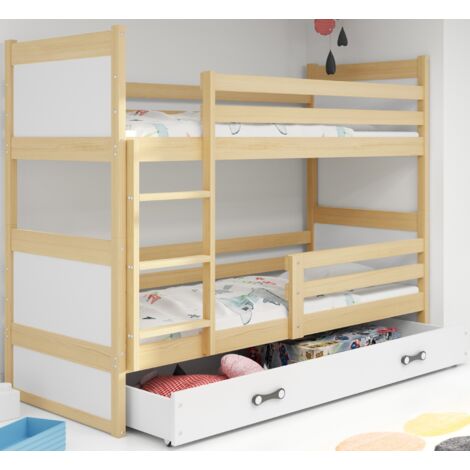Lit superposé Rico 97x195,dim.matelas 90x190 Bois Massif- Pin-Barrière- Sommier- Tiroir- Séparable en 2 lit-Sans matelas (Pin+blanc)