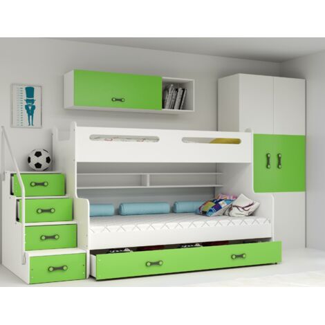 Lit Superposé Max 3- 124x262, dim.matelas  200x80,  200x120  Escalier,  Sommier & 5 Tiroirs,  Charge Max 100 kg, Sans matelas (vert)