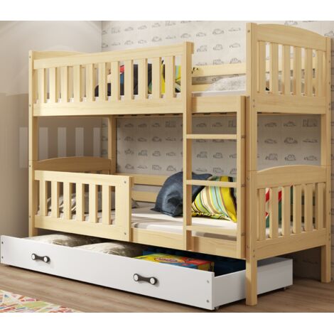 Lit superposé QUBA  97x206, dim.matelas 90x200 Bois Massif, Pin, Barrière, Sommier, Tiroir,  Séparable en 2 lit, Sans matelas (Pin+blanc)