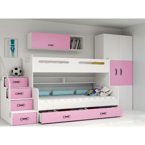 Lit Superposé Max 3- 124x262, dim.matelas  200x80,  200x120  Escalier,  Sommier &  5 Tiroirs,  Charge Max 100 kg, Sans matelas (rose)