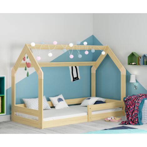 Lit enfant Cabane no1 87x164, dim.matelas 80x160 Style Montessori – Au sol- Barrière de Sécurité - Sommier à Lattes- Bois Massif- Pin-Sans matelas (bois)