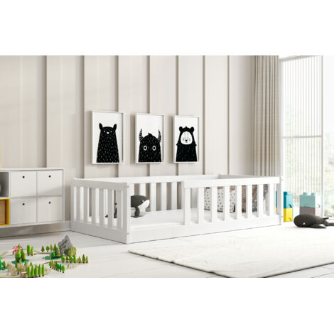 Lit enfant évolutif 86x165 cm – Matelas 80x160 cm – Bois massif pin certifié FSC – Barrière de sécurité incluse – Style Montessori