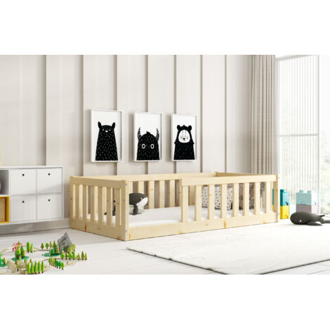 Lit enfant Montessori 86x165 cm – Barrière de sécurité incluse – Bois massif pin certifié FSC – Aucun sommier nécessaire – Matelas 80x160 cm