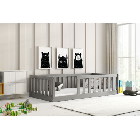 Lit enfant Montessori 86x165 cm – Barrière de sécurité incluse – Bois massif en pin certifié FSC – Aucun sommier nécessaire