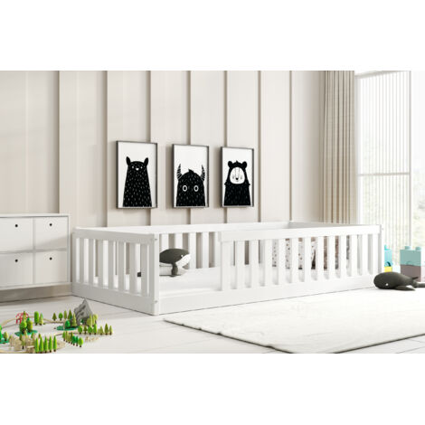 Lit enfant Montessori 96x194 cm – Barrière de sécurité incluse – Bois massif pin FSC – Aucun sommier nécessaire – Matelas 90x190 cm