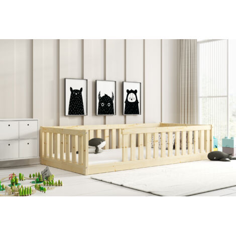 Lit enfant Bella 96x194 cm – Matelas 90x190 cm – Bois massif en pin – Barrière de sécurité incluse – Style Montessori au sol