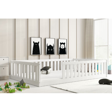 Lit enfant  Bella 126x204 Dim. Matelas 120x200  Style Montessori – Au sol- Barrière de Sécurité – Aucun Sommier Nécessaire -Bois Massif-  Pin-Sans matelas (BLANC)