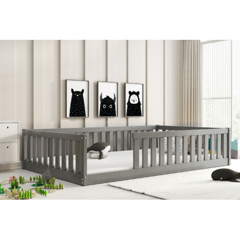 Lit enfant  Bella 126x204 Dim. Matelas 120x200  Style Montessori – Au sol- Barrière de Sécurité – Aucun Sommier Nécessaire -Bois Massif-  Pin-Sans matelas (GRIS)