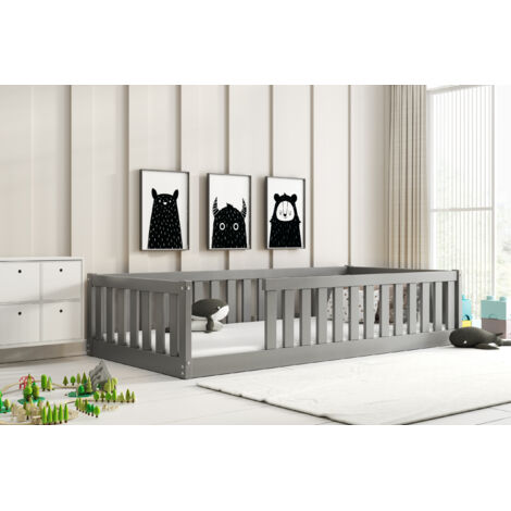 Lit enfant Montessori 96x194 cm – Barrière de sécurité incluse – Bois massif pin certifié FSC – Aucun sommier nécessaire – Matelas 90x190 cm
