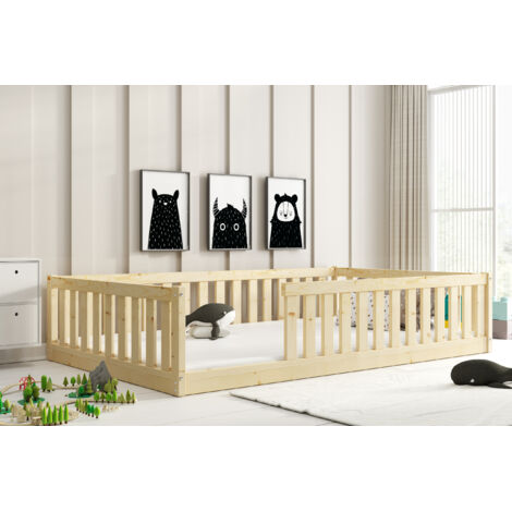 Lit enfant Bella 126x204 Dim. Matelas 120x200 Style Montessori – Au sol- Barrière de Sécurité– Aucun Sommier Nécessaire - Bois Massif- Pin-Sans matelas (PIN)