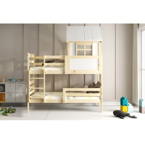 Lit superposé Cabane Eryk dim.matelas 97x195, dim.matelas 90x190 Bois Massif Naturel 2 Places Barrière de sécurité Sommier Séparable en 2 lits simples Sans matelas (1/5)