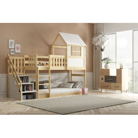 Lit superposé mezzanine avec escaliers – Bois massif de pin certifié FSC – Dimensions matelas 90x200 cm – Barrière de sécurité modulable