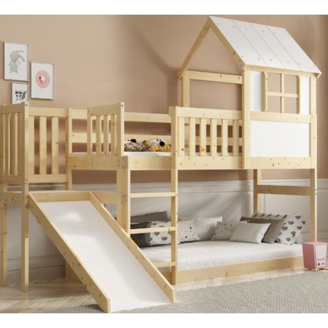 Lit superposé mezzanine avec toboggan – Bois massif de pin FSC – Dimensions matelas 90x200 cm – Barrière de sécurité modulable