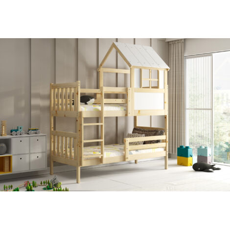 Lit superposé Cabane KACPER dim.matelas 97x195, dim.metelas 90x190 Bois Massif Naturel 2 Places Barrière de sécurité Sommier Séparable en 2 lits simples Sans matelas (1/4)
