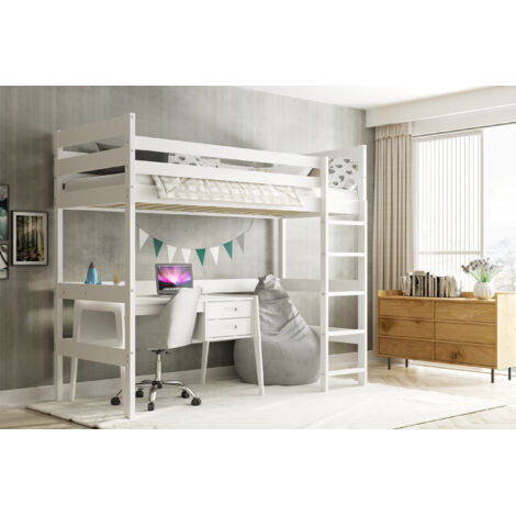 Lit superposé Mezzanine HAUTE dim.matelas 97x205, dim.matelas 90x200  Bois Massif Naturel   Barrière de sécurité  Sommier  Sans matelas (blanc)