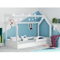 Lit enfant Cabane no1 87x164, dim.matelas 80x160 Style Montessori – Au sol- Barrière de Sécurité - Sommier à Lattes- Bois Massif- Pin-Sans matelas (blanc)