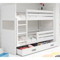 Lit superposé Rico 97x195 cm – Pin massif certifié FSC – Barrière de sécurité – Tiroir de rangement – Séparable en 2 lits – Sans matelas
