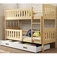 Lit superposé QUBA 97x206, dim.matelas 90x200 Bois Massif, Pin, Barrière, Sommier, Tiroir, Séparable en 2 lit, Sans matelas (Pin+blanc)