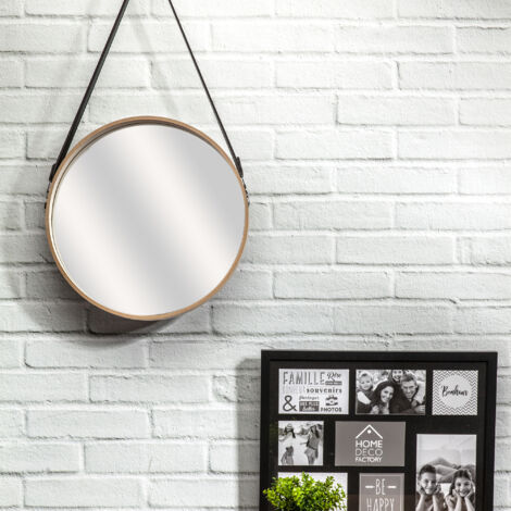 The Home Deco Factory – Miroir rond avec anse en PU 40 cm – Verre et métal – Hauteur 65,5 cm – Profondeur 4 cm – Design barbier moderne