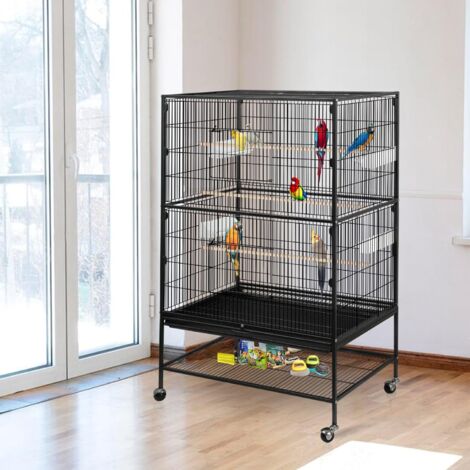 Cage à oiseaux debout en fer forgé 52 x 78,7 x 132,1 cm – 4 bols amovibles – 3 perchoirs en bois massif – Nettoyage facile avec plateau coulissant – Tresice France (1/5)