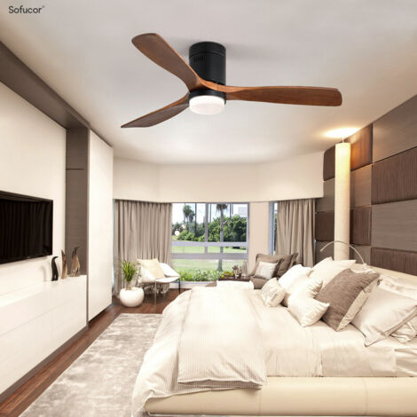 Ventilateur de plafond 132 cm – 3 pales en bois massif – Moteur CC réversible – Télécommande 6 vitesses – Corps noir, lames noyer