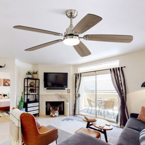 Ventilateur de plafond Sofucor avec éclairage et télécommande, CC, 132 cm, 5 pales bicolores, nickel