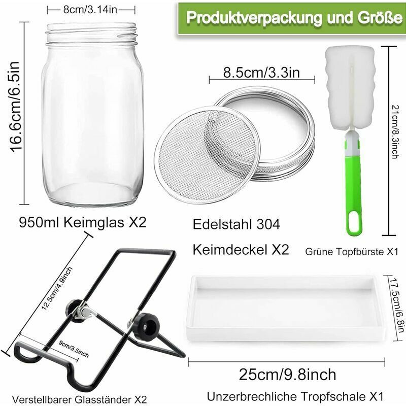 Kit Germination Cinnani - 2 Bocaux Verre 1000ml Avec Couvercles Inox, Pour Pousses Bio Maison