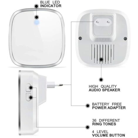 Sonnette Sans Fil Intelligente – Portée 300m, étanche, 60 Mélodies, LED, Noir/blanc, Avec Pile