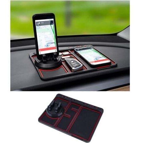 Tapis de téléphone antidérapant pour voiture, 4 en 1, pour tableau de bord, avec plaque d'immatriculation temporaire pour carte de stationnement, support de téléphone universel anti-secousses (rouge) (1/5)