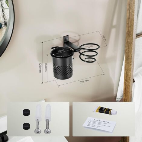 Support Adhésif Ou Posable Support Sèche-Cheveux WELDUN - Range Fer à Friser & Brosse - Noir Accessoire Salle De Bain Pratique