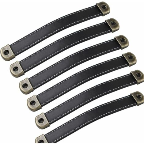 Lot de 6 poignées en cuir noir – Poignées de meubles vintage – Entraxe 160mm – Pour placards et tiroirs – Dimensions 190x24x8mm (1/5)