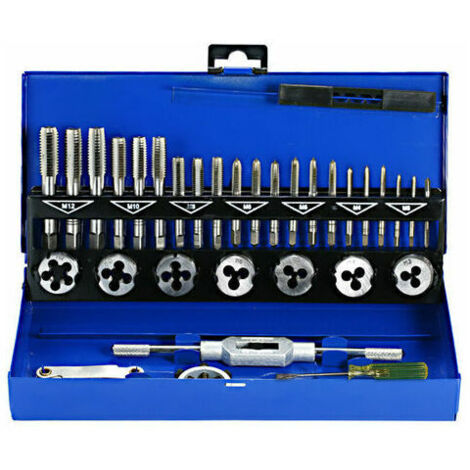 Tigrezy Coffret tarauds et filières 32 PCS HSS Jeu de tarauds et matrices Clés métriques coupées M3-M12 Outil de filetage à la main Taraud en carbure de tungstène Matrice de filetage à vis Outil de fa (1/4)