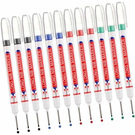 Marqueurs Trou Profond, 12pcs Marqueur Charpentier, Stylo Marqueur Indélébile à Pointe Longue de 20 mm, Marqueur de Precision Chantier (Noir Bleu Rouge Vert) (1/5)