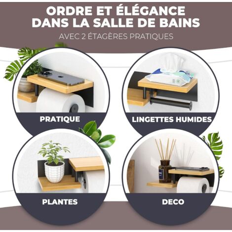 Support Papier Toilette Bambou Avec Plateau - Porte PQ Mural Etagère Salle De Bain - Rangement Bois Naturel