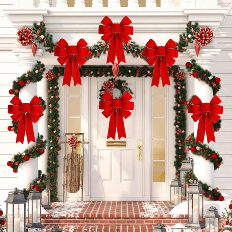 2 Gros Nœuds Rouges De Noël En Velours - Décoration Luxueuse Pour Arbre, Porte Et Couronne