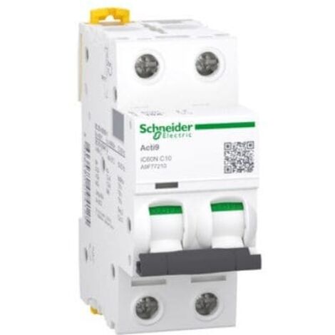 Schneider Electric – Disjoncteur bipolaire 10A – Courbe C – Protection circuits industriels – Système VISI-TRIP – Montage rail DIN – A9F77210