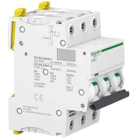 disjoncteur schneider - ic60n - 3 pôles - 20 ampères - courbe c - schneider electric a9f77320