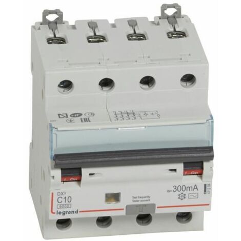 DISJONCTEUR DIFFERENTIEL DX3 6000 VIS/VIS 4 POLES 400V 10A TYPE AC 300MA 10 KA COURBE C 4M LEGRAND 411204