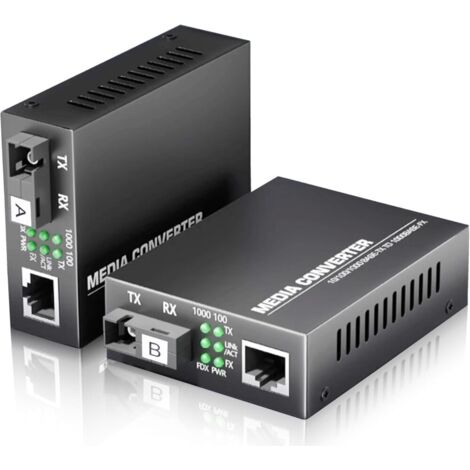 Elfcam Glasfaser-Ethernet-Konverter – 2er-Set – SC Singlemode, 1× SFP-Port + 1× RJ45-Port, bis zu 20 km – Inkl. SFP-Modul