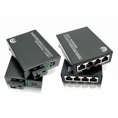 Elfcam Glasfaser-Ethernet-Konverter – 2er-Set – SC Singlemode, 4× SFP-Ports + 4× RJ45-Ports, bis zu 20 km – Inkl. SFP-Modul