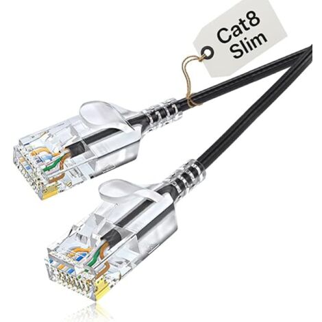 Elfcam Slim Ethernetkabel RJ45 Cat 8 S/FTP 1.5m Rund Schwarz – 32AWG, 2000 MHz, 40 Gbps – Hochgeschwindigkeits-LAN-Kabel mit hochwertigen Steckern