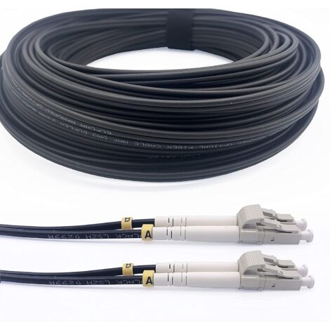 Elfcam Glasfaserkabel 10m LC/UPC auf LC/UPC – OM3 Multimode Duplex 50/125 µm, Stahlarmiert, Schwarz – Für Innen- & Außenbereich geeignet