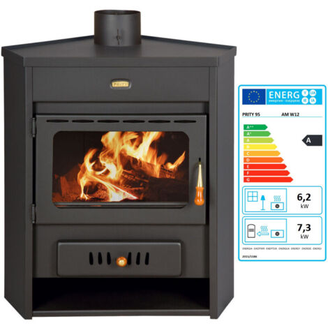 Termostufa a legna angolare Prity AM W12 – 13,5 kW, Nero Grafite, Classe A, Caldaia Integrata da 7 L