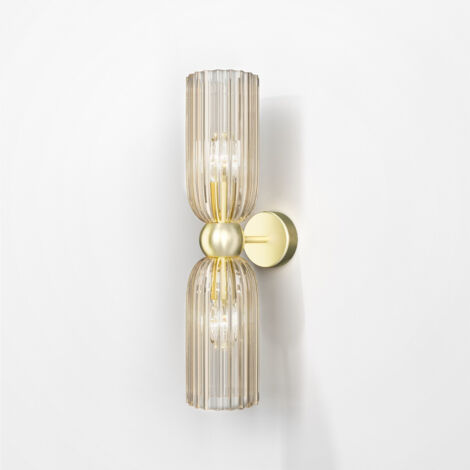 Wandleuchte Flurlampe Treppenlampe 2-Flammig Wandlampe Cognac Metall Glas Gold