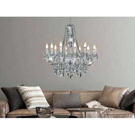 Großer Kronleuchter LÜSTER 10-flammig Silber Chrom mit Acryl Kristall, Ø 76cm