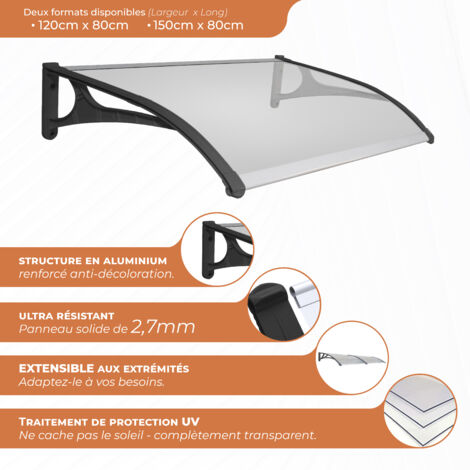 Marquise Evoke aluminium 120x80cm – Panneau polycarbonate 2,7mm – Structure noire anti-décoloration – Protection intempéries – Smartsun