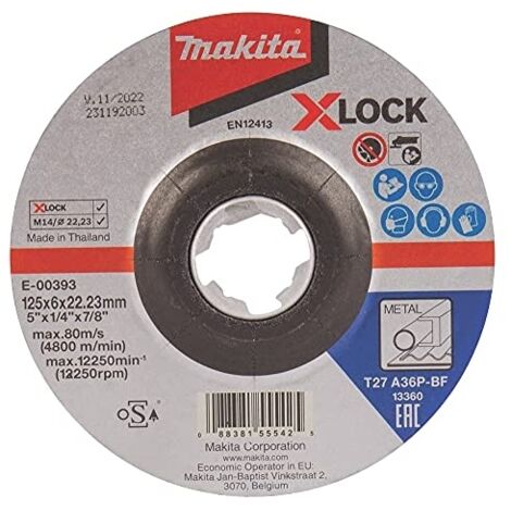 Makita – Disque à lamelles pour meuleuse 125mm – Grain A36P – Épaisseur 6mm – Diamètre alésage 22,23mm – Forme déportée – E00393