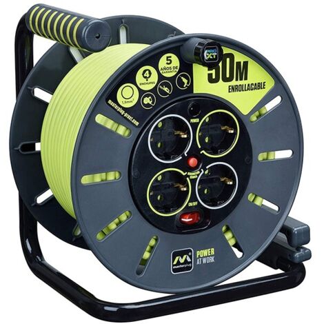 Enrouleur électrique 4 prises Schuko 16A – Câble H05VV-F 3G1.5 de 50 mètres – Dispositif de sécurité thermique – Indicateur LED – Masterplug - 50Mts