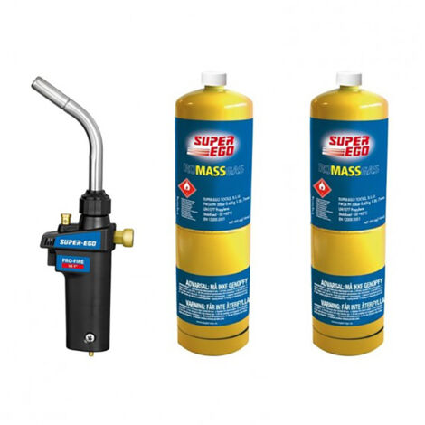 Super-Ego Tools – Kit de chalumeau pro-fire avec 2 bouteilles de gaz MAPP – Flamme réglable – Allumage piézoélectrique – Pour travaux de brasage - 1500002772