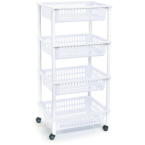 Chariot multiusage 4 paniers blanc – Dimensions 40x30x85 cm – Résistant pour rangement et transport – Pour maison et bureau – Plasticforte
